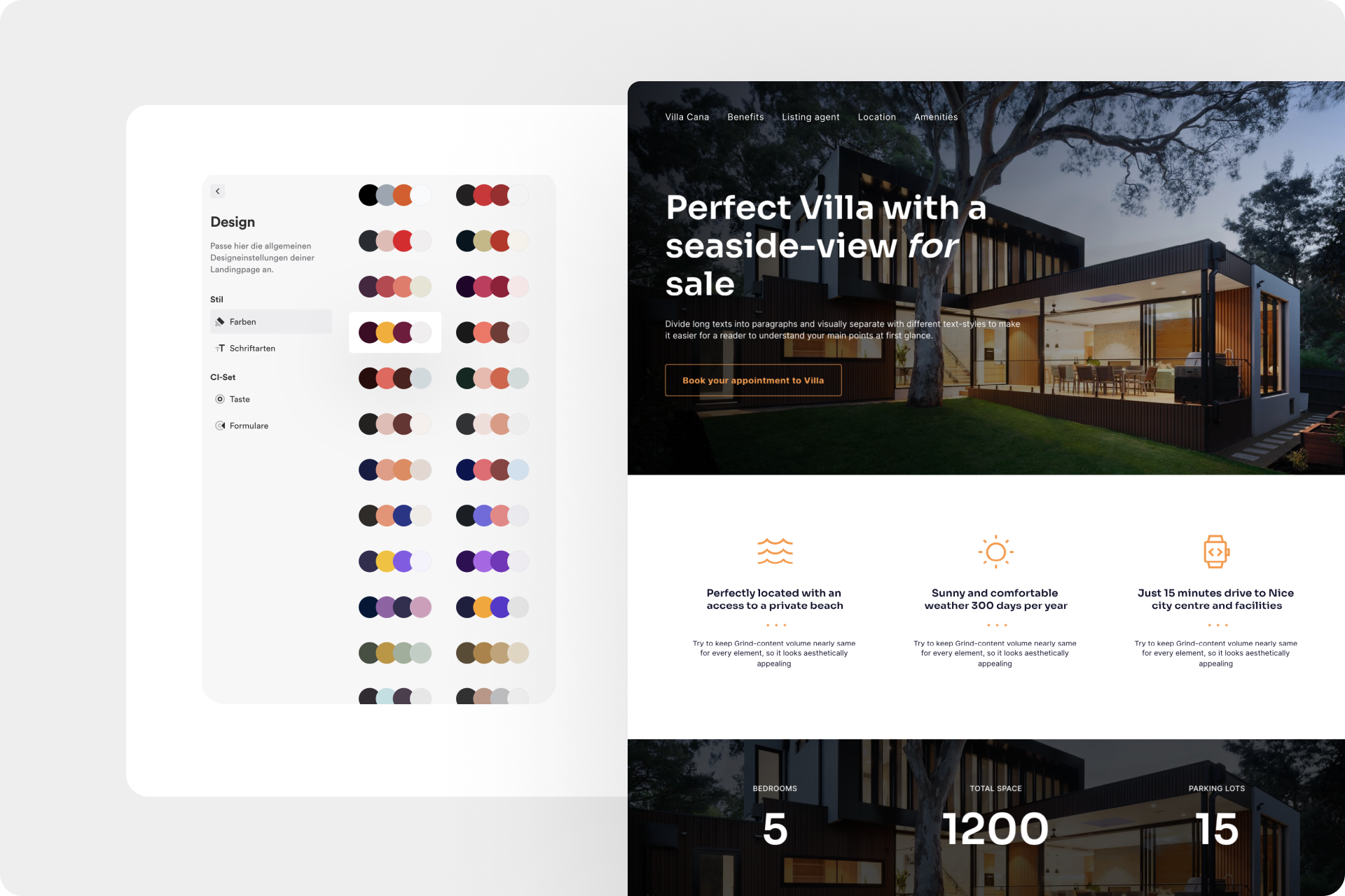 Farbpalette page builder Onepage 